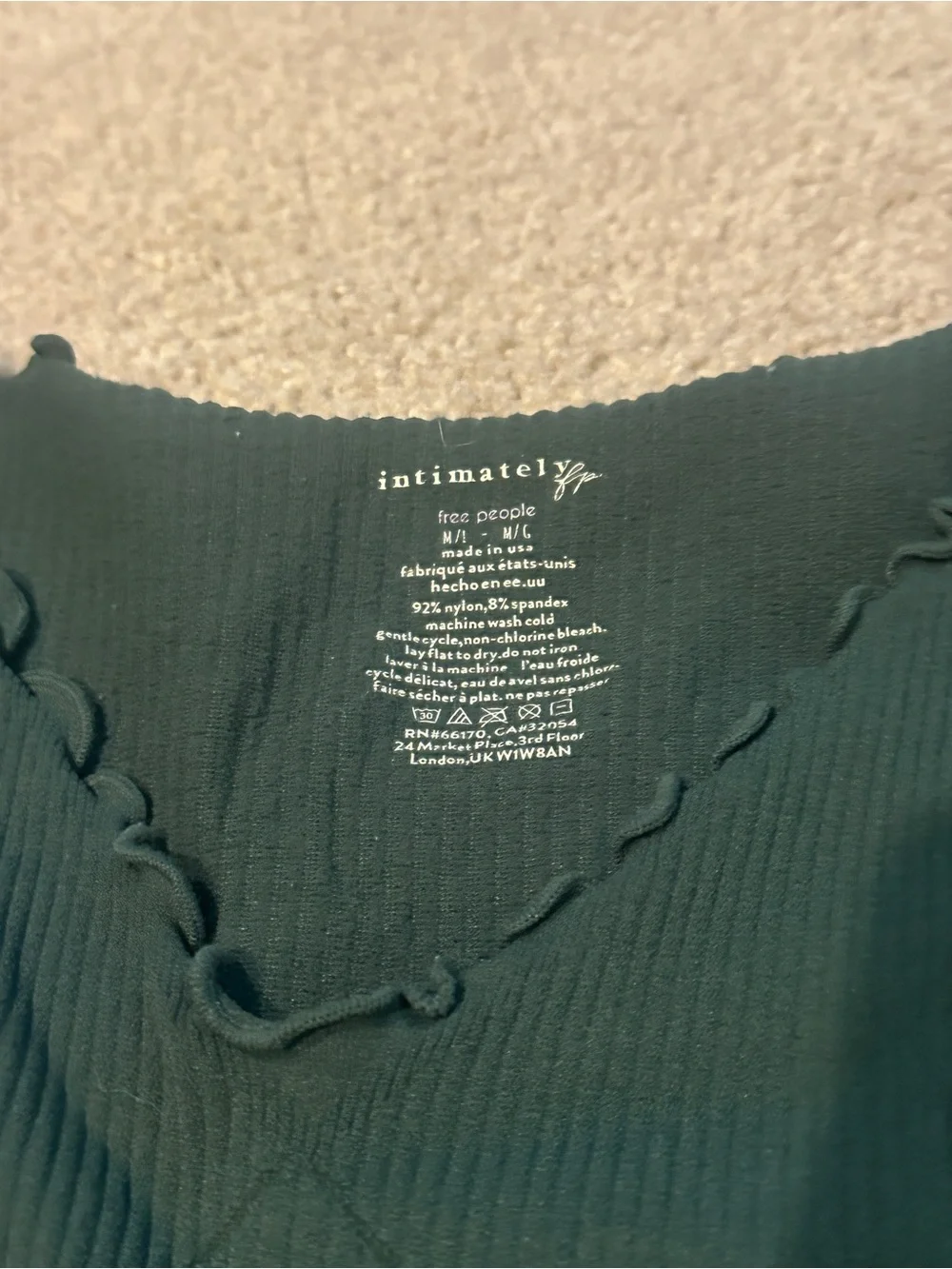 Free People Dark Green Ribbed V-Neck Lettuce-Edge Long Sleeve Crop Top